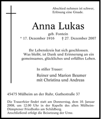 Traueranzeige von Anna Lukas von Tageszeitung