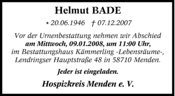 Traueranzeige von Helmut Bade von Tageszeitung