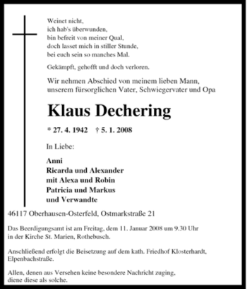 Traueranzeige von Klaus Dechering von Tageszeitung