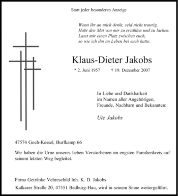 Traueranzeige von Klaus-Dieter Jakobs von Tageszeitung