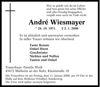 Traueranzeige von André Wiesmayer von Tageszeitung