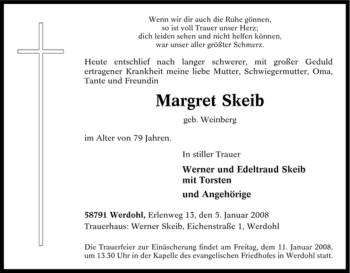 Traueranzeige von Margret Skeib von Tageszeitung