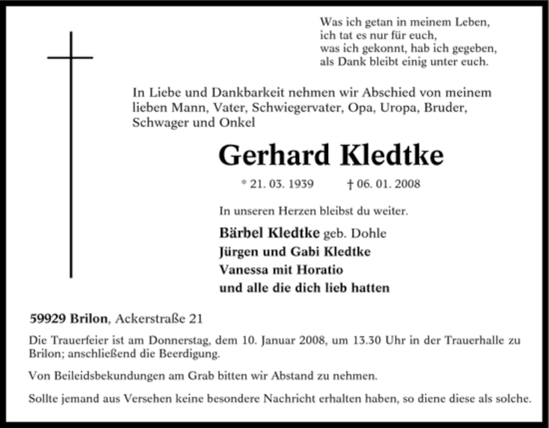  Traueranzeige für Gerhard Kledtke vom 08.01.2008 aus Tageszeitung