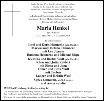 Traueranzeige von Maria Henkel von Tageszeitung