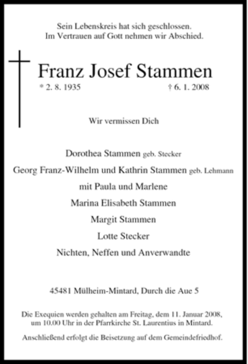 Traueranzeige von Franz Josef Stammen von Tageszeitung