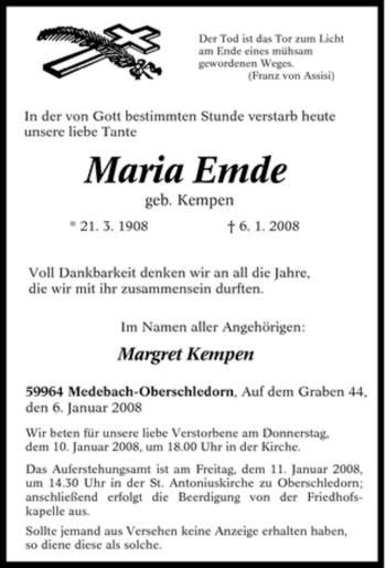 Traueranzeige von Maria Emde von Tageszeitung