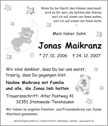 Traueranzeige von Jonas Maikranz von Tageszeitung