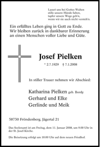 Traueranzeige von Josef Pielken von Tageszeitung