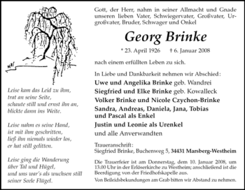 Traueranzeige von Georg Brinke von Tageszeitung