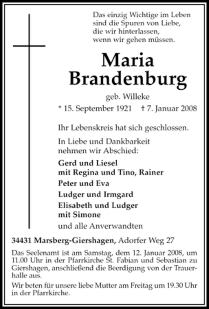  Traueranzeige für Maria Brandenburg vom 08.01.2008 aus Tageszeitung