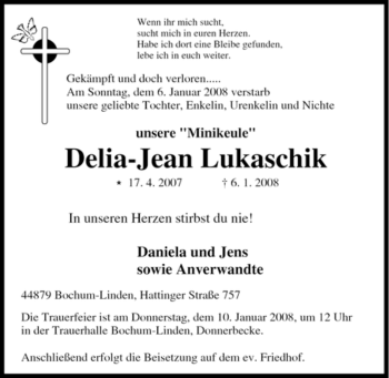 Traueranzeige von Delia-Jean Lukaschik von Tageszeitung
