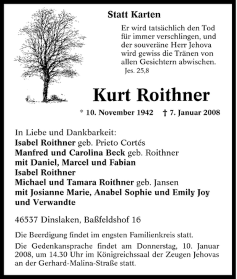  Traueranzeige für Kurt Roithner vom 08.01.2008 aus Tageszeitung