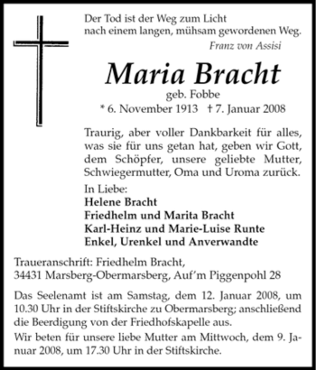 Traueranzeige von Maria Bracht von Tageszeitung