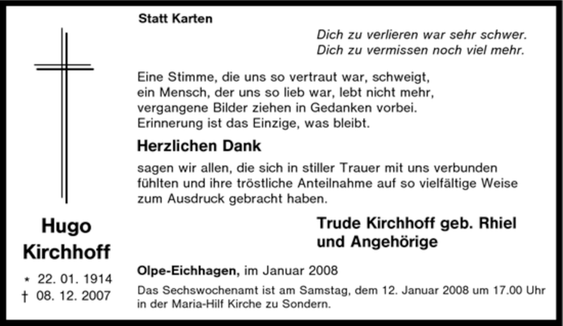 Traueranzeige für Hugo Kirchhoff vom 09.01.2008 aus Tageszeitung