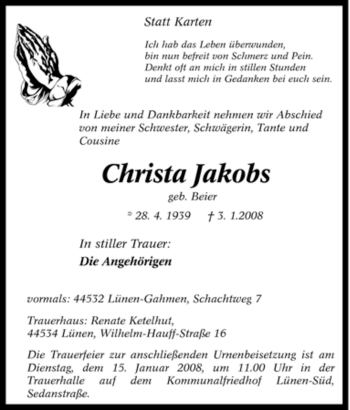 Traueranzeige von Christa Jakobs von Tageszeitung