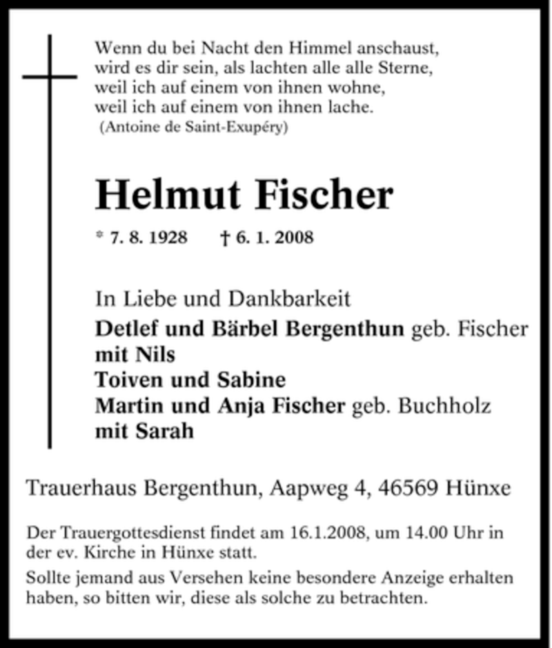  Traueranzeige für Helmut Fischer vom 09.01.2008 aus Tageszeitung
