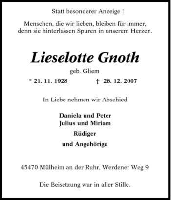 Traueranzeige von Lieselotte Gnoth von Tageszeitung