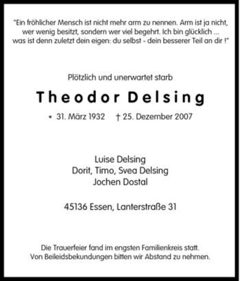 Traueranzeige von Theodor Delsing von Tageszeitung