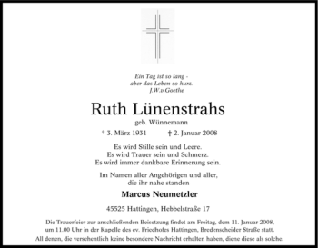 Traueranzeige von Ruth Lünenstrahs von Tageszeitung
