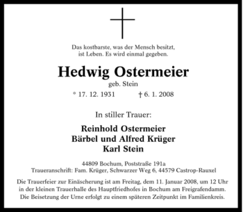 Traueranzeige von Hedwig Ostermeier von Tageszeitung
