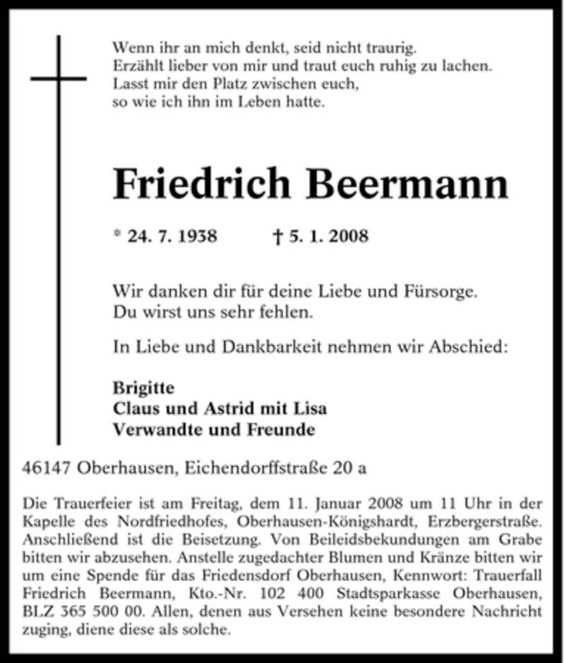  Traueranzeige für Friedrich Beermann vom 09.01.2008 aus Tageszeitung