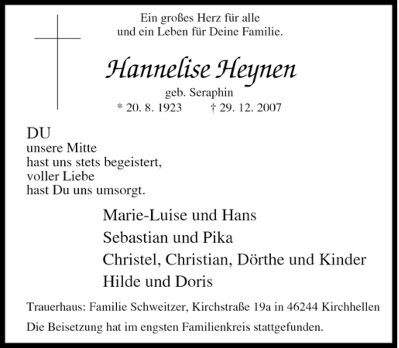  Traueranzeige für Hannelise Heynen vom 09.01.2008 aus Tageszeitung