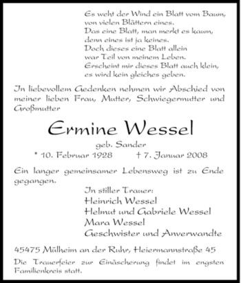 Traueranzeige von Ermine Wessel von Tageszeitung