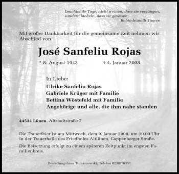Traueranzeige von José Sanfeliu Rojas von Tageszeitung