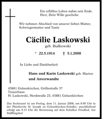 Traueranzeige von Cäcilie Laskowski von Tageszeitung
