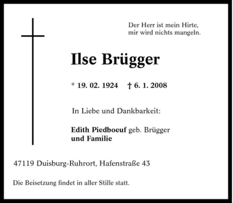  Traueranzeige für Ilse Brügger vom 09.01.2008 aus Tageszeitung