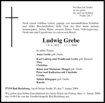 Traueranzeige von Ludwig Grebe von Tageszeitung