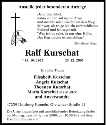 Traueranzeige von Ralf Kurschat von Tageszeitung