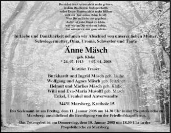 Traueranzeige von Änne Mäsch von Tageszeitung