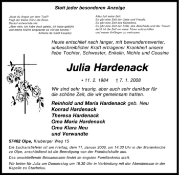 Traueranzeige von Julia Hardenack von Tageszeitung