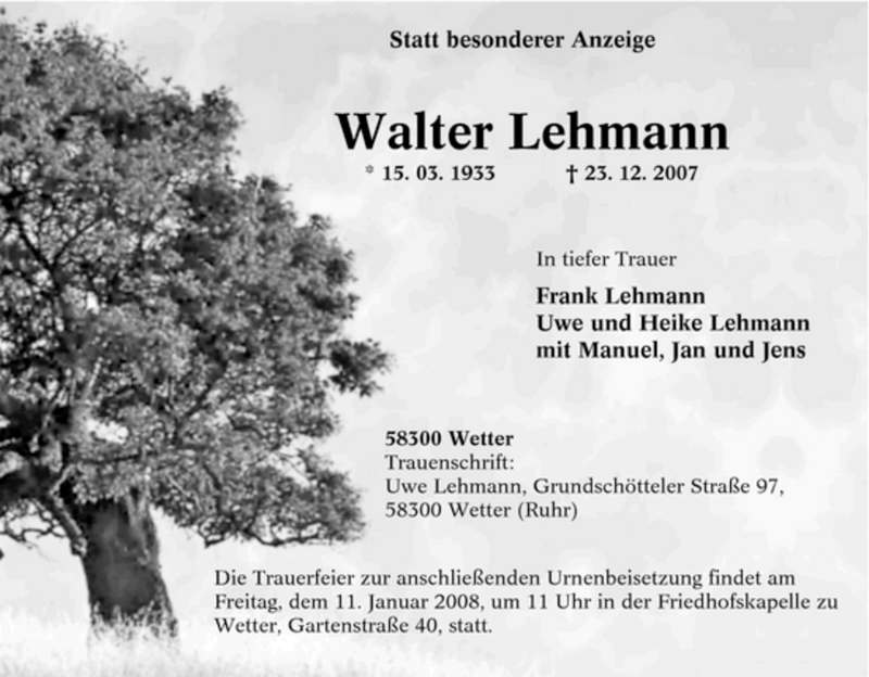  Traueranzeige für Walter Lehmann vom 09.01.2008 aus Tageszeitung