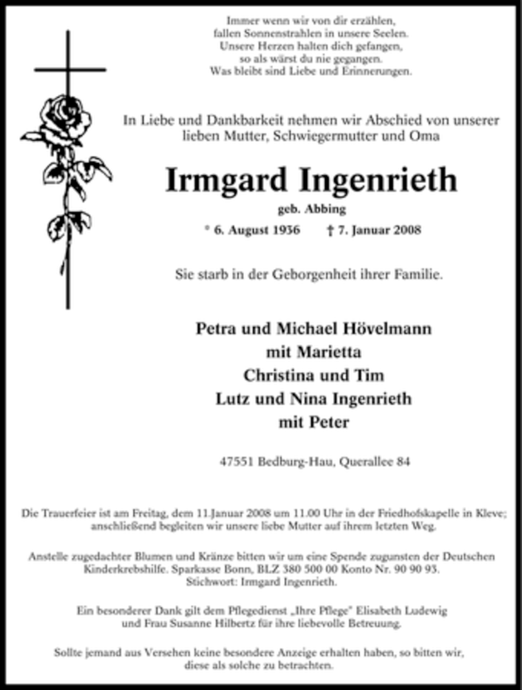  Traueranzeige für Irmgard Ingenrieth vom 09.01.2008 aus Tageszeitung