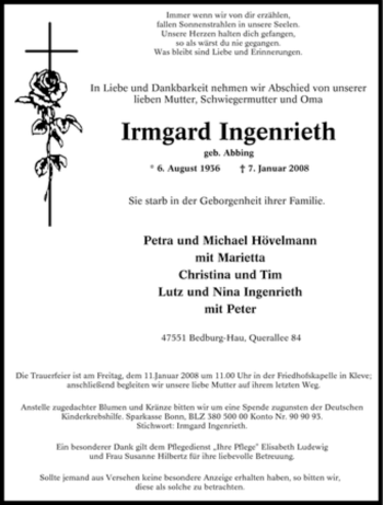Traueranzeige von Irmgard Ingenrieth von Tageszeitung