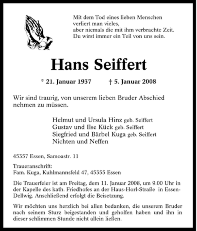  Traueranzeige für Hans Seiffert vom 09.01.2008 aus Tageszeitung