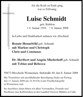 Traueranzeige von Luise Schmidt von Tageszeitung
