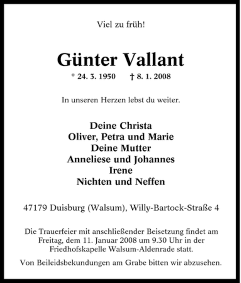  Traueranzeige für Günter Vallant vom 09.01.2008 aus Tageszeitung