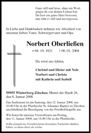 Traueranzeige von Norbert Oberließen von Tageszeitung