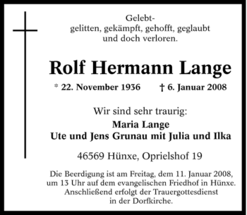 Traueranzeige von Rolf Hermann Lange von Tageszeitung