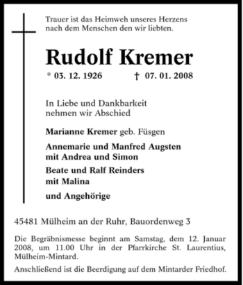 Traueranzeige von Rudolf Kremer von Tageszeitung