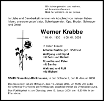Traueranzeige von Werner Krabbe von Tageszeitung