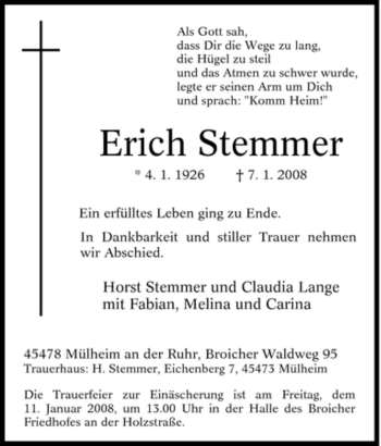 Traueranzeige von Erich Stemmer von Tageszeitung