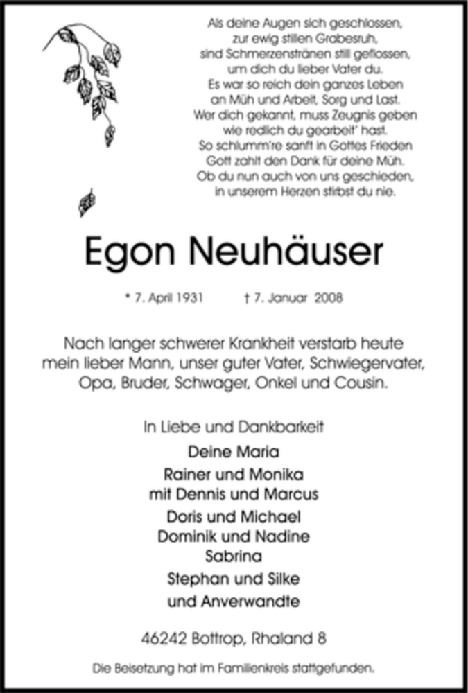  Traueranzeige für Egon Neuhäuser vom 10.01.2008 aus Tageszeitung