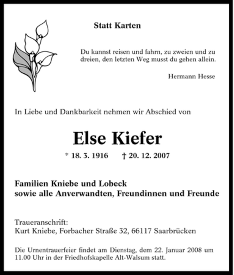  Traueranzeige für Else Kiefer vom 10.01.2008 aus Tageszeitung