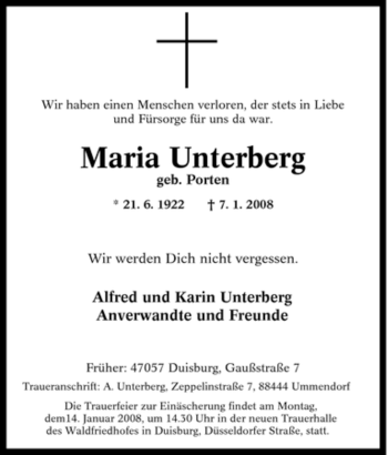 Traueranzeige von Maria Unterberg von Tageszeitung
