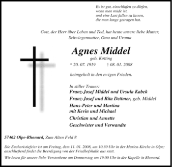 Traueranzeige von Agnes Middel von Tageszeitung