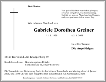 Traueranzeige von Gabriele Dorothea Greiner von Tageszeitung